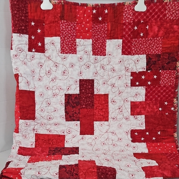 Handmade Quilt Vintage 2010 Charming Red White Patchwork Reverse Floral Quilt